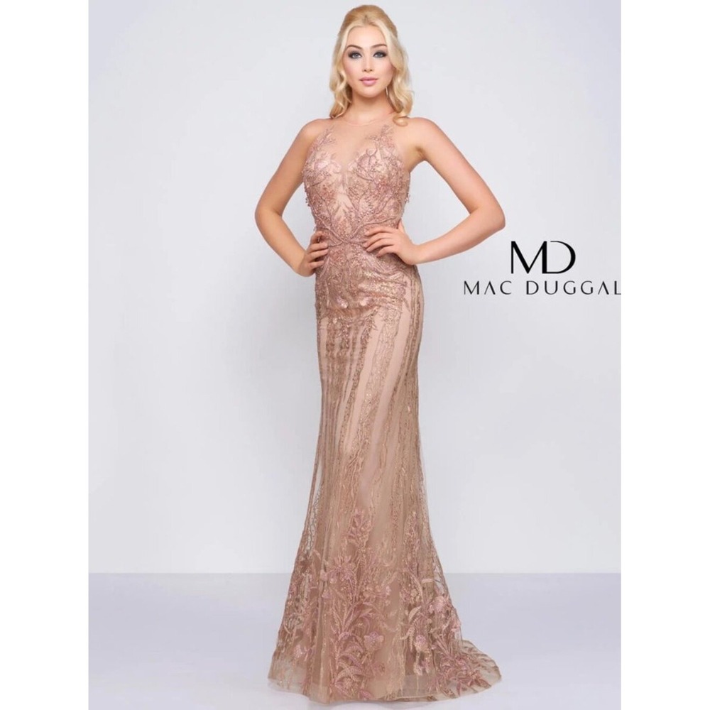Mac Duggal Couture High Neck Evening Gown‎ Rose Nude Size 16 50512D $1100 NWT